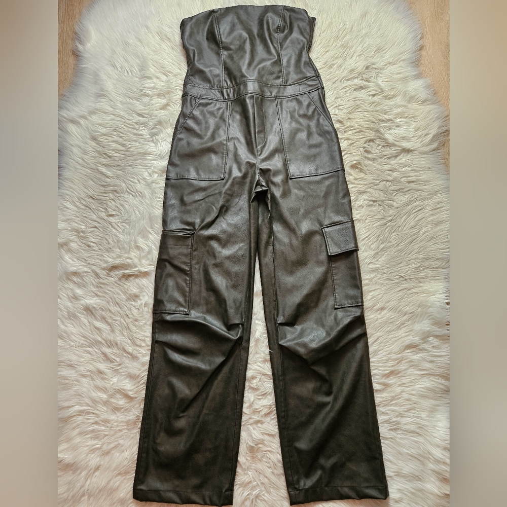 Zara Faux Leather Strapless Jumpsuit Size XL